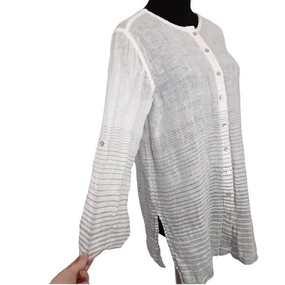Kenar 100% Linen Button Down Shirt Roll Tab White Stripe Womens M Resort Summer - Picture 3 of 11